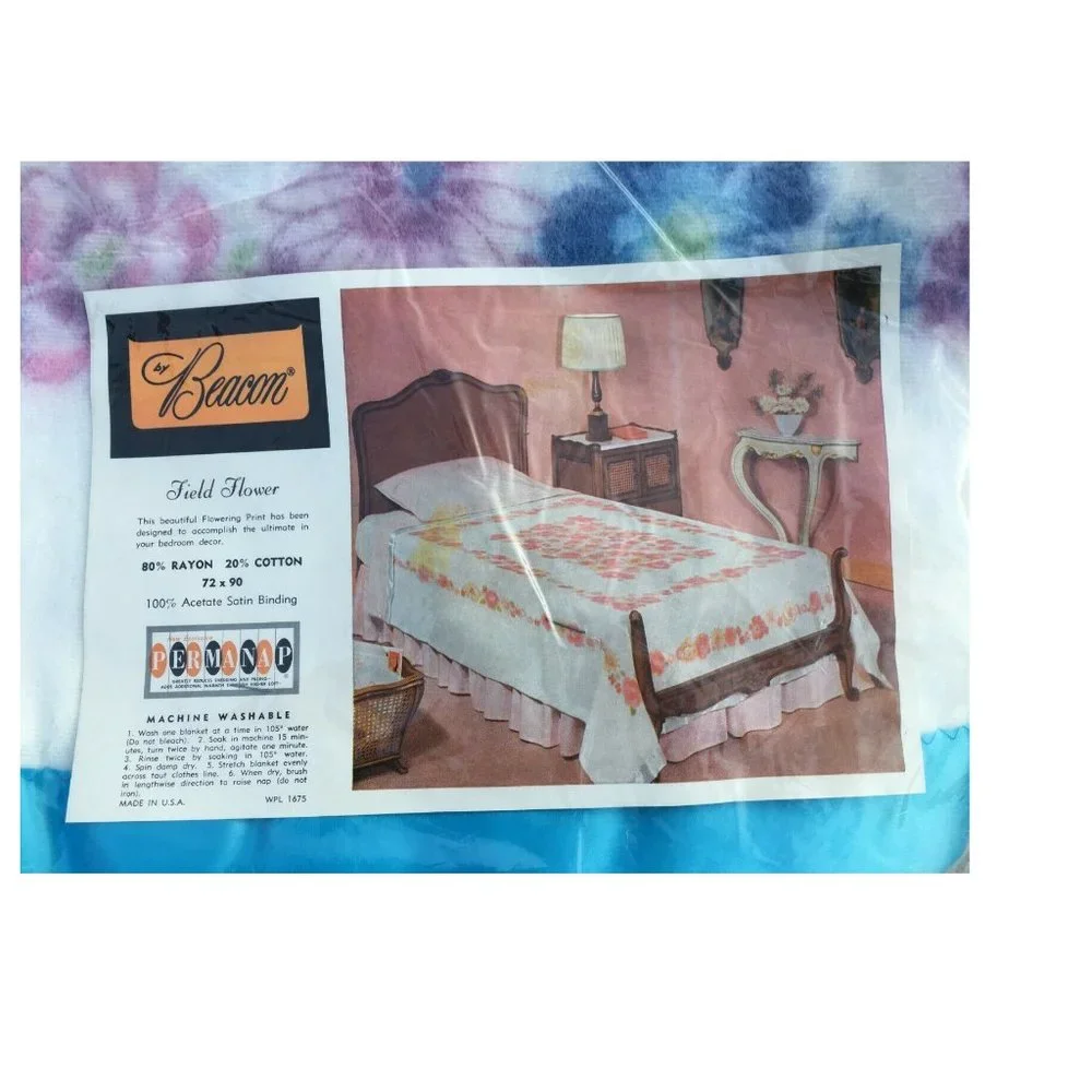 Vintage BEACON Blanket 1960's Pink & Blue Floral Flowers Shabby Retro  72 x 90